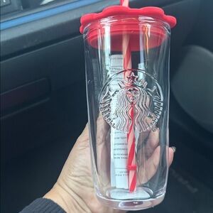 Starbucks 2026 Red and Clear Valentines Day Tumbler with lid and straw.